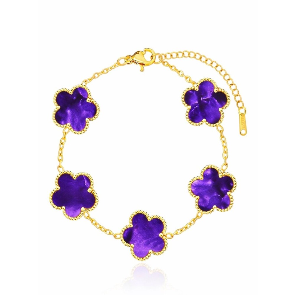 18K Gold Purple 4 Leaf Clover Bracelet Lucky Charm Dainty Station Chain Van CLF